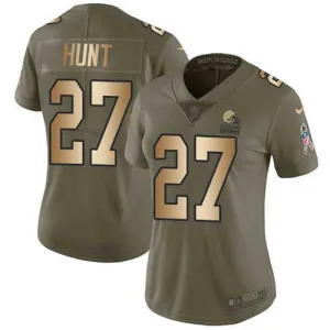 all time game ready breathable sleek Browns #27 Kareem Hunt Olive/Gold Women's Stitched NFL Limited 2017 Salute To Service Jersey