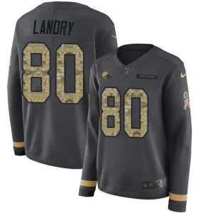 authentic fashionable unbeatable iconic Browns #80 Jarvis Landry Anthracite Salute to Service Women's Stitched NFL Limited Therma Long Sleeve Jersey