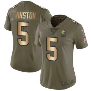 inspired sporty exclusive quality Browns #5 Jameis Winston Olive/Gold Women's Stitched NFL Limited 2017 Salute To Service Jersey