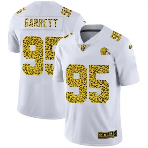 popular versatile inspired all time Cleveland Browns #95 Myles Garrett Men's Flocked Leopard Print Vapor Limited NFL Jersey White