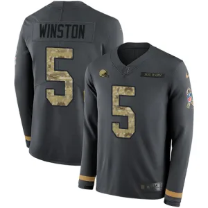 unstoppable crafted championship breathable Browns #5 Jameis Winston Anthracite Salute to Service Men's Stitched NFL Limited Therma Long Sleeve Jersey